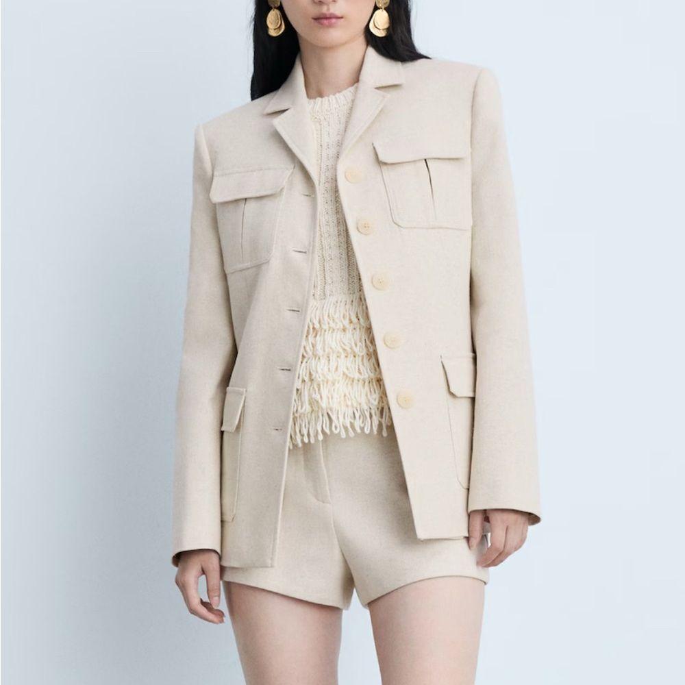 MANGO Linen Cotton Tailored Jacket Medium Beige Structured Blazer